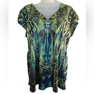 Bohemian Pullover with Lace Insert and Embellishment Green/Navy Top Size Large